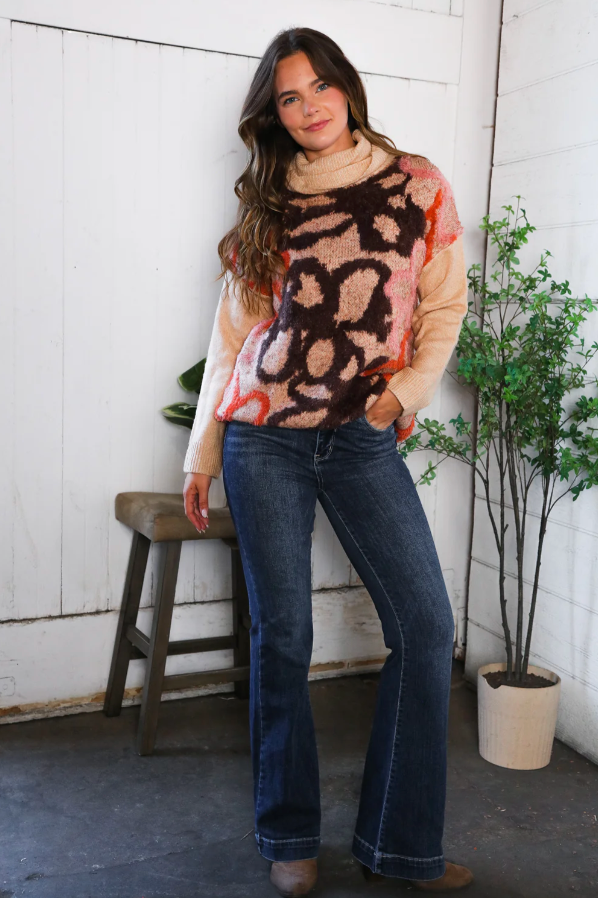 Blooms in Autumn Turtleneck Cozy Sweater