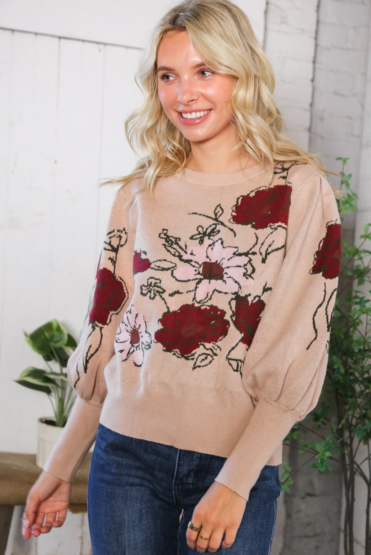 Scarlet Petals Bubble Sleeve Sweater