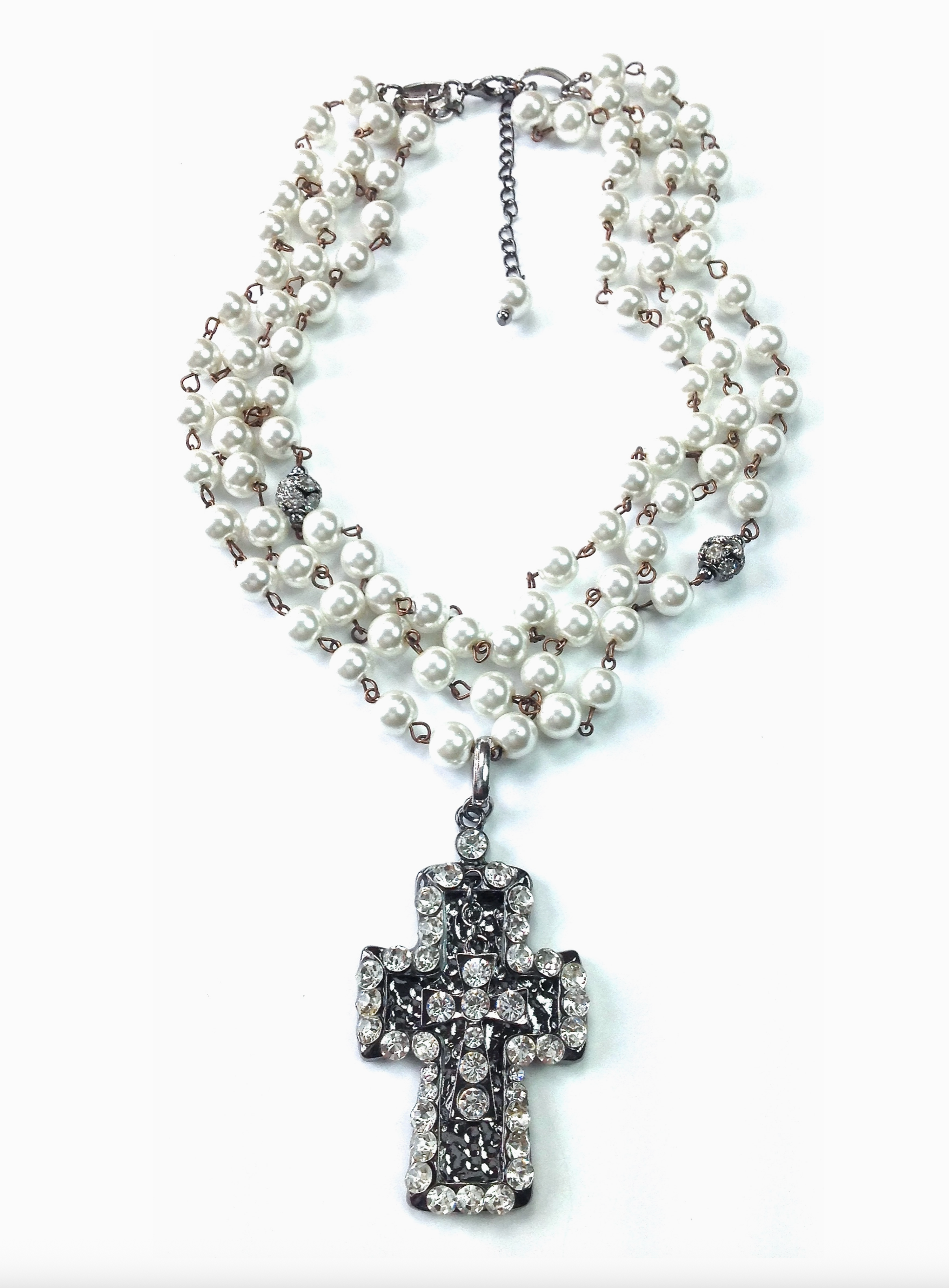 Pearl Triple Strand Bling Cross Necklace - N055PR