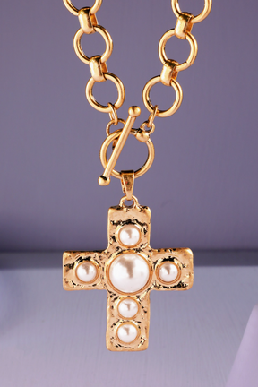 Large Chain Pearl Cross Necklace - N059PR