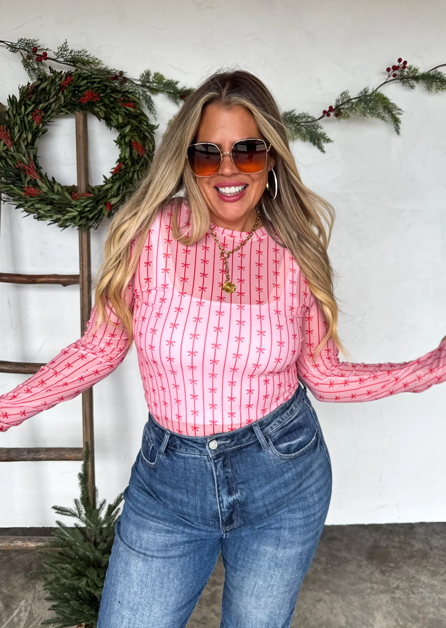 Pink And Red Bow Mesh Top - S144PK