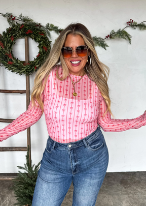 Pink And Red Bow Mesh Top - S144PK