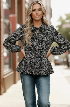 Midnight Petal Bowtie Blouse