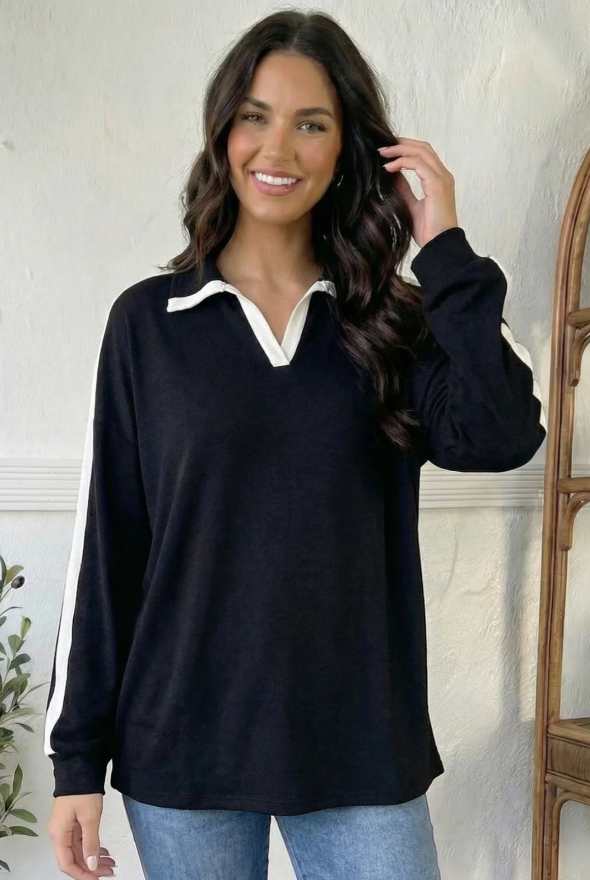 Varsity Vibes Notched Collar Black Top