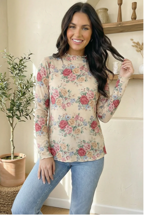 Vintage Petals Oatmeal Long Sleeve Blouse