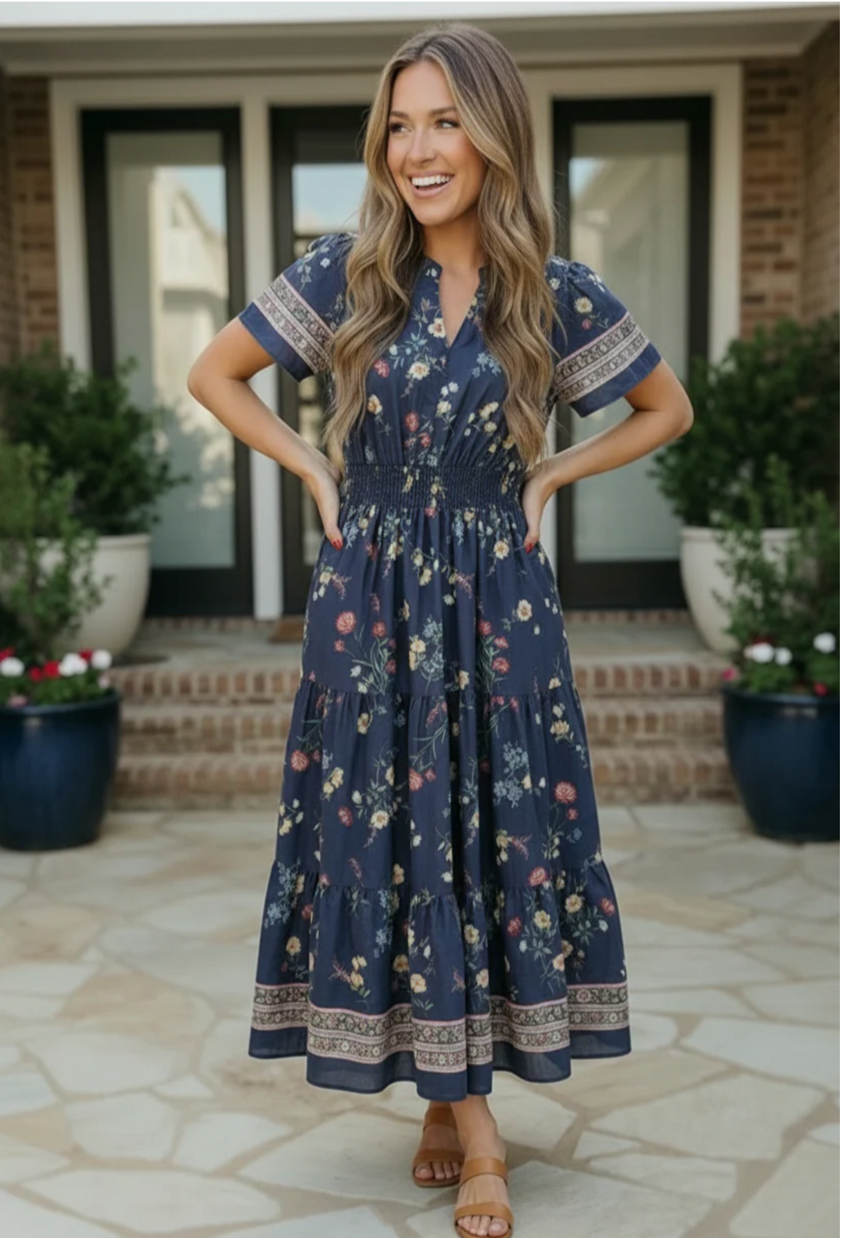 At the Summer Cottage Navy Floral Midi Dress
