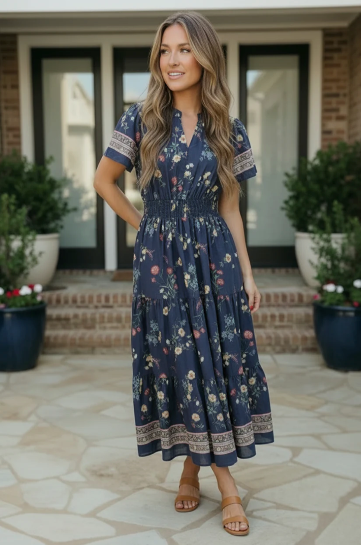 At the Summer Cottage Navy Floral Midi Dress
