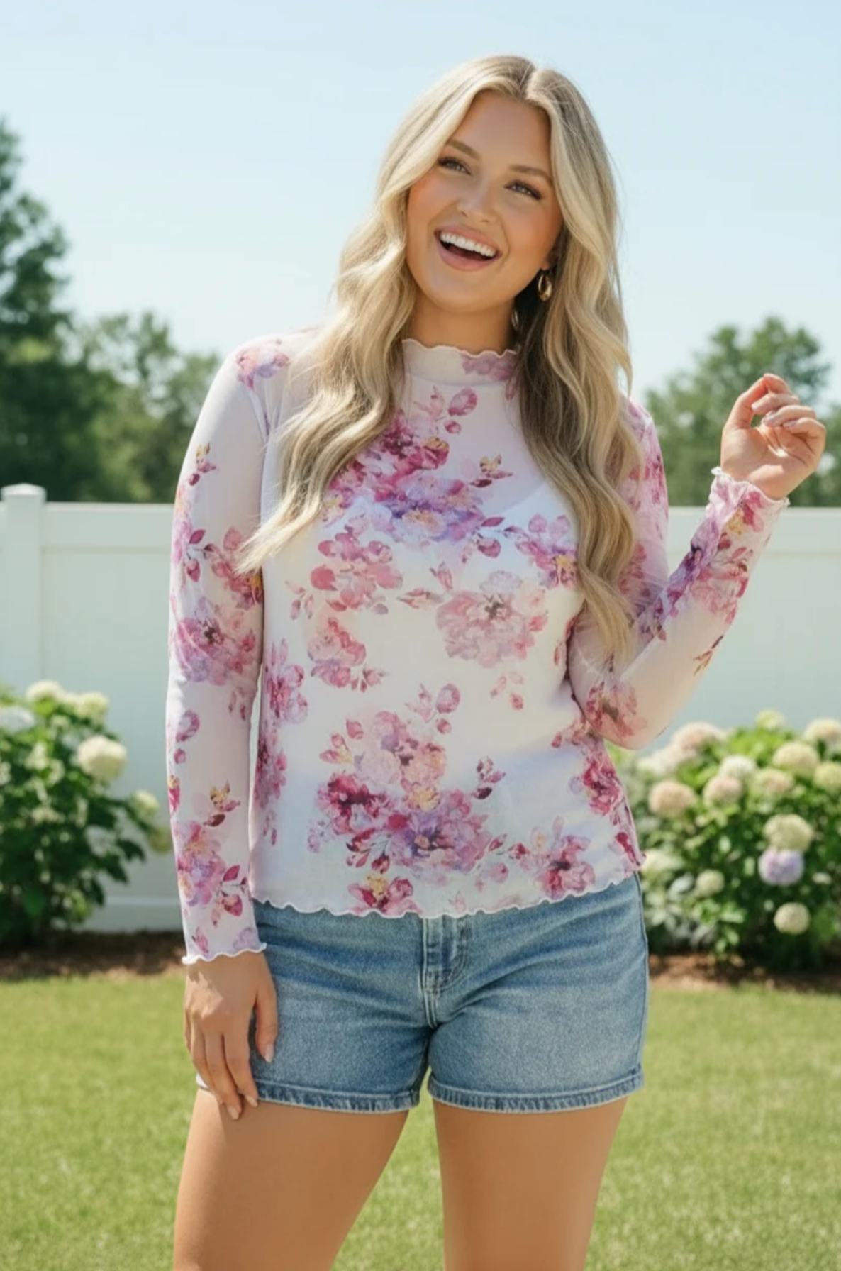 Garden Party Floral Mesh Long Sleeve Top