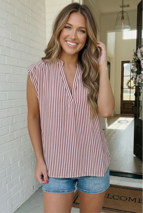 Strawberry Stripe Sleeveless V-Neck Top