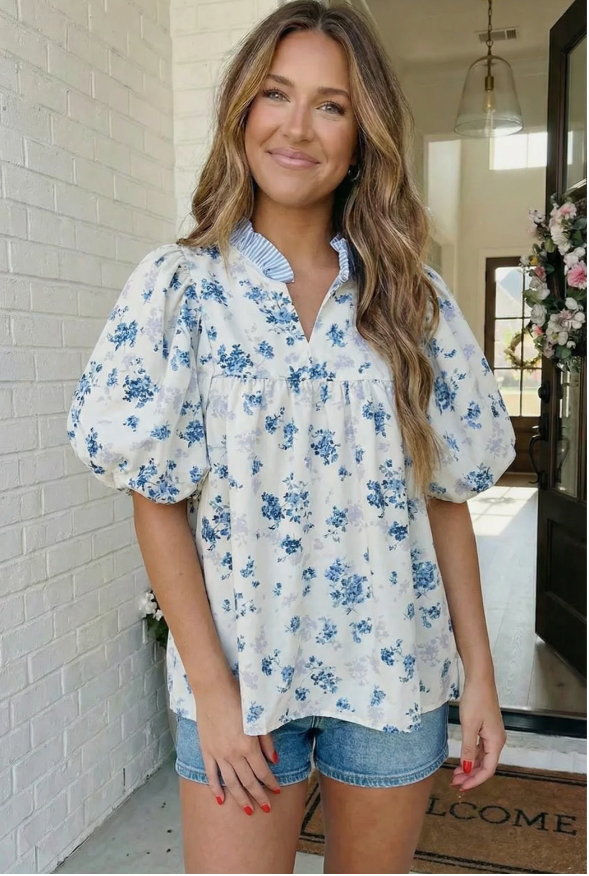 Sweet in Blue Floral Puff Sleeve Babydoll Top
