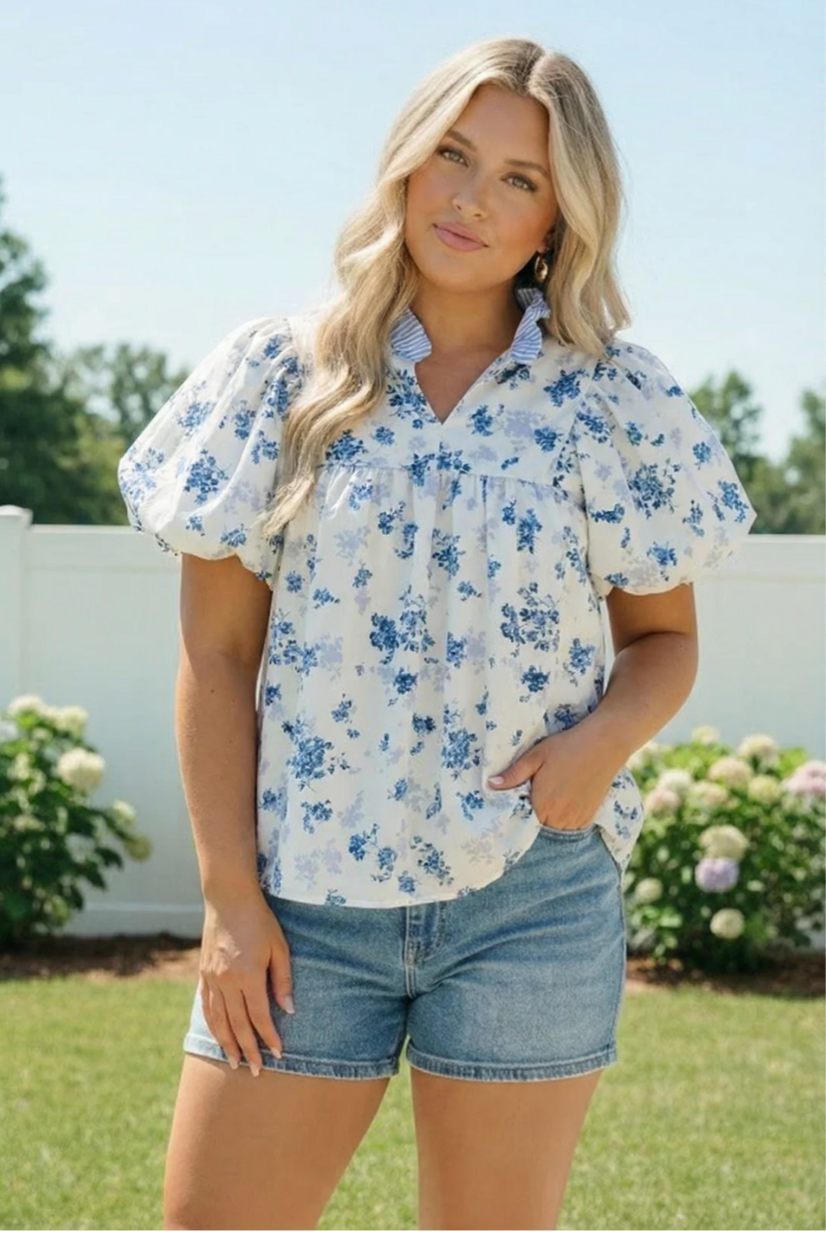Sweet in Blue Floral Puff Sleeve Babydoll Top