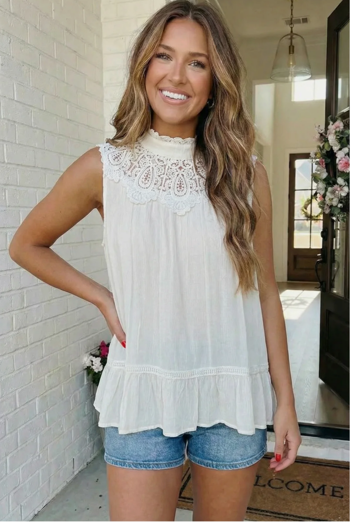 Sweet Lace Trim Ruffle Babydoll Tank