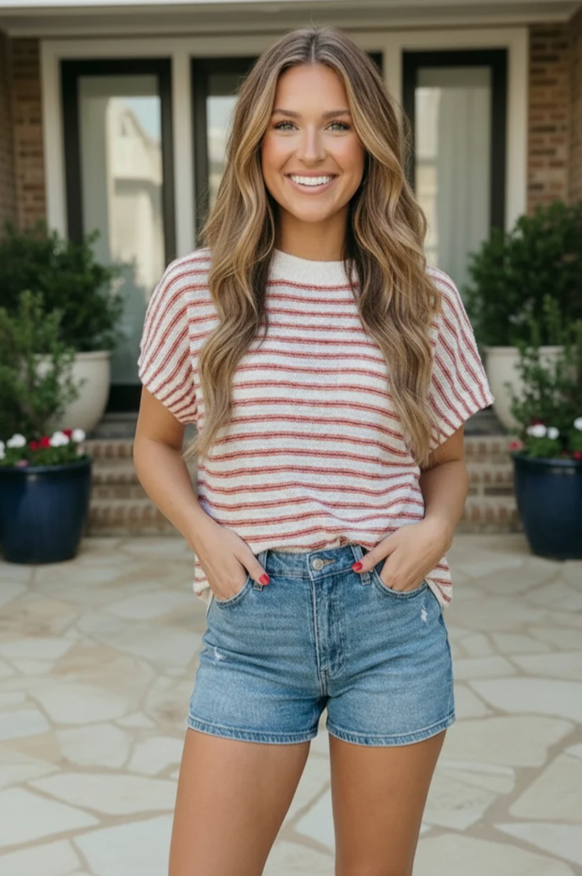 Breezy Stripe Knit Top in Ivory and Red