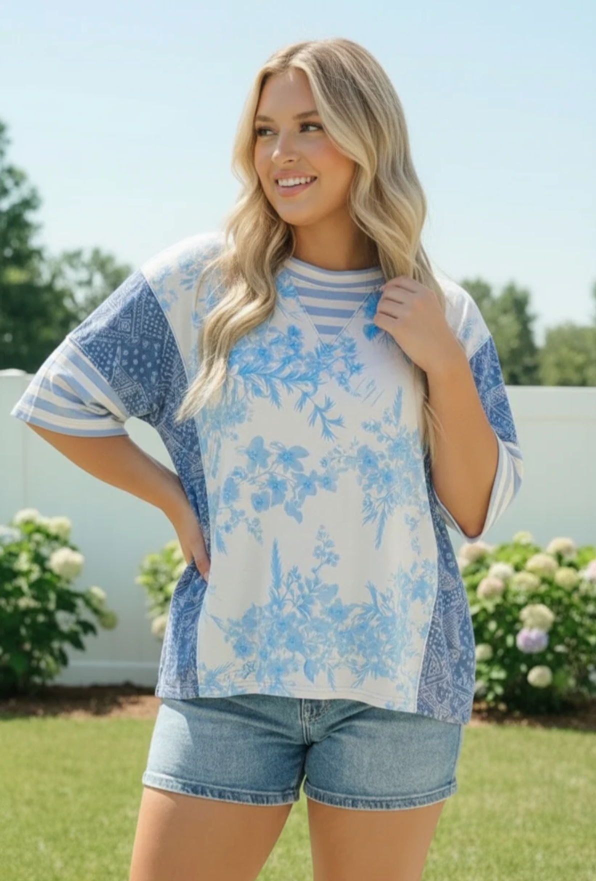 Blue Toile Mixed Print Oversized Tee