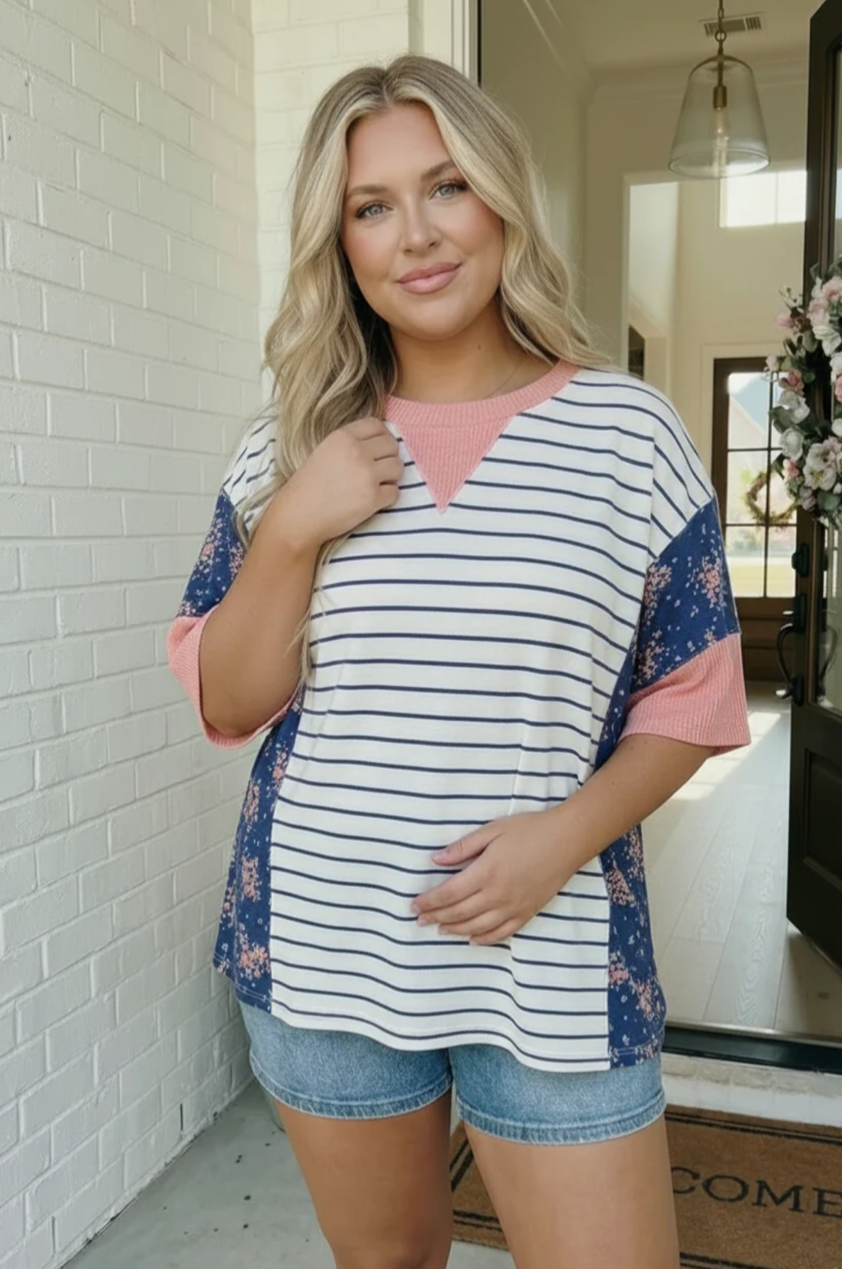 Stripe and Floral Mixed Media Oversized Top