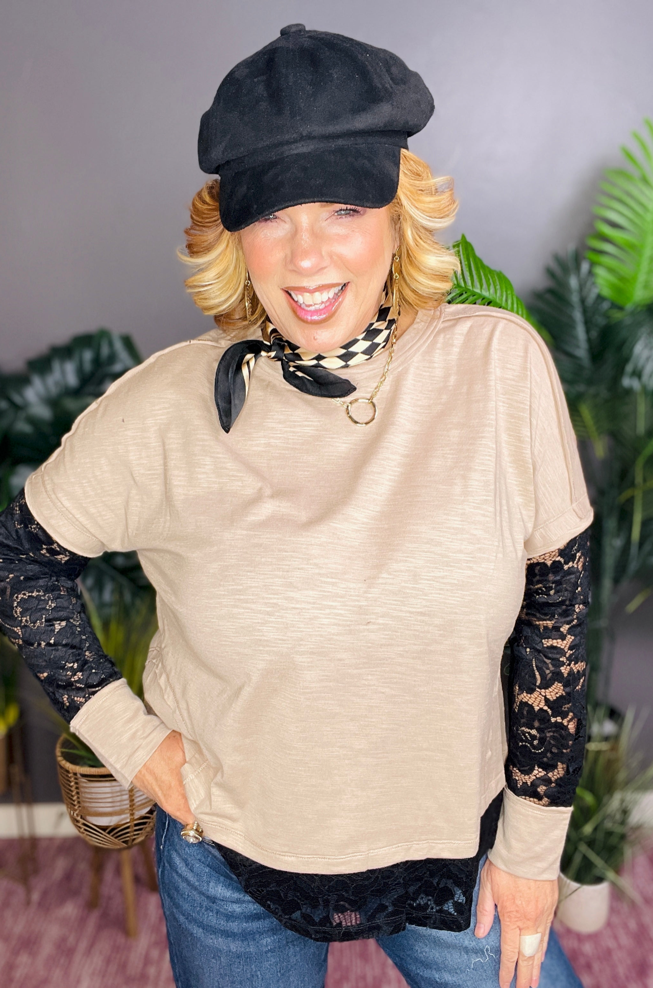 Lost In Lace Beige Sheer Lace Patchwork Top - S576BG