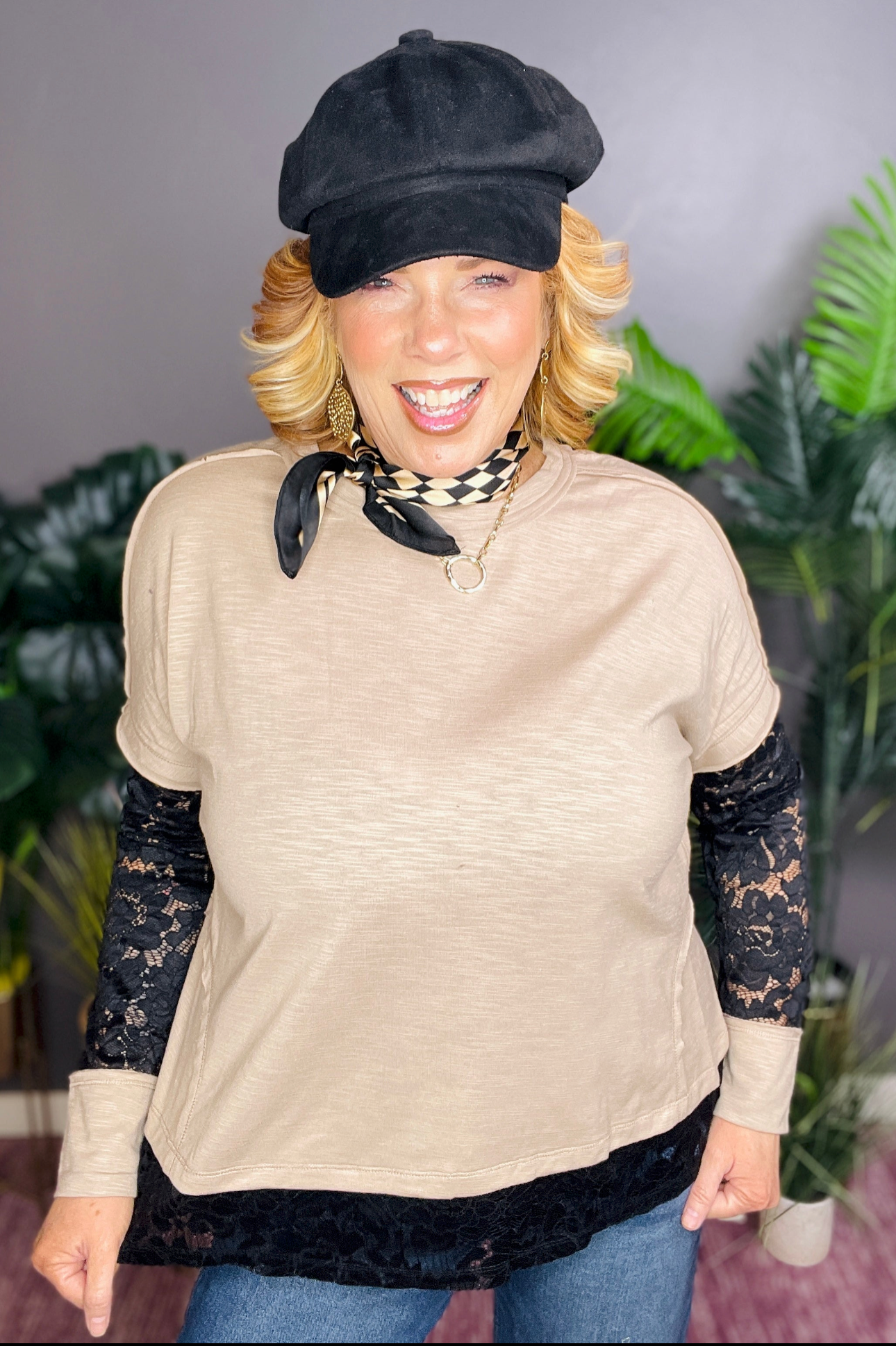 Lost In Lace Beige Sheer Lace Patchwork Top - S576BG