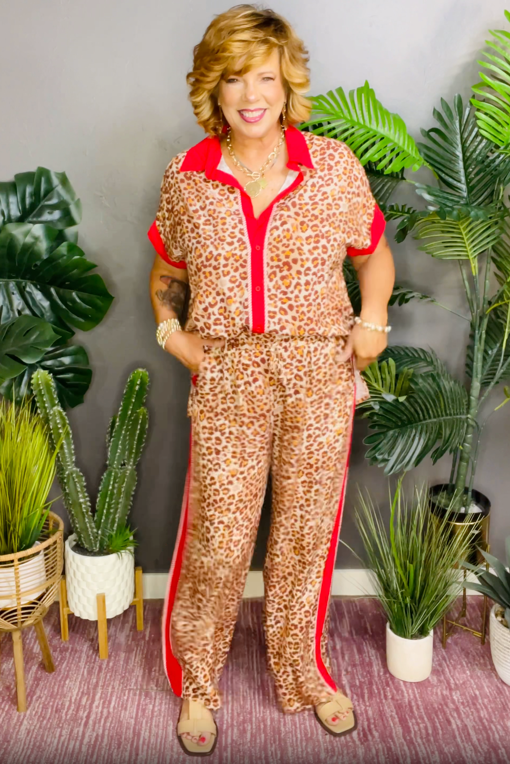 Time To Relax Leopard Red Stripe Top and Pants Set - SET033RD
