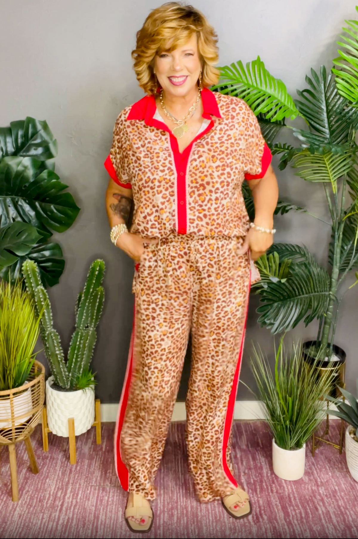 Time To Relax Leopard Red Stripe Top and Pants Set