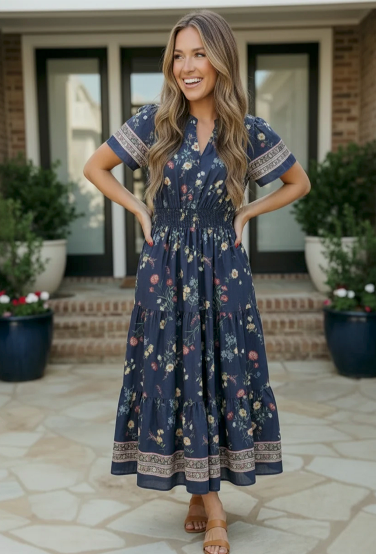 At the Summer Cottage Navy Floral Midi Dress
