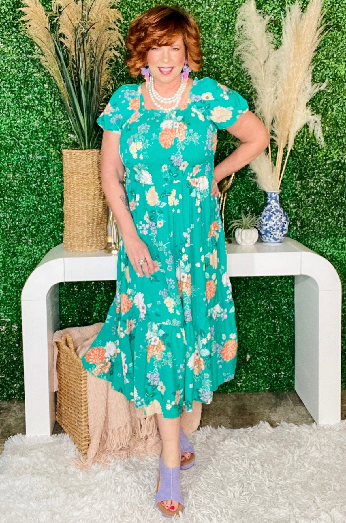Garden Stroll Floral Print Smocked Tiered Midi Dress - DR160GN