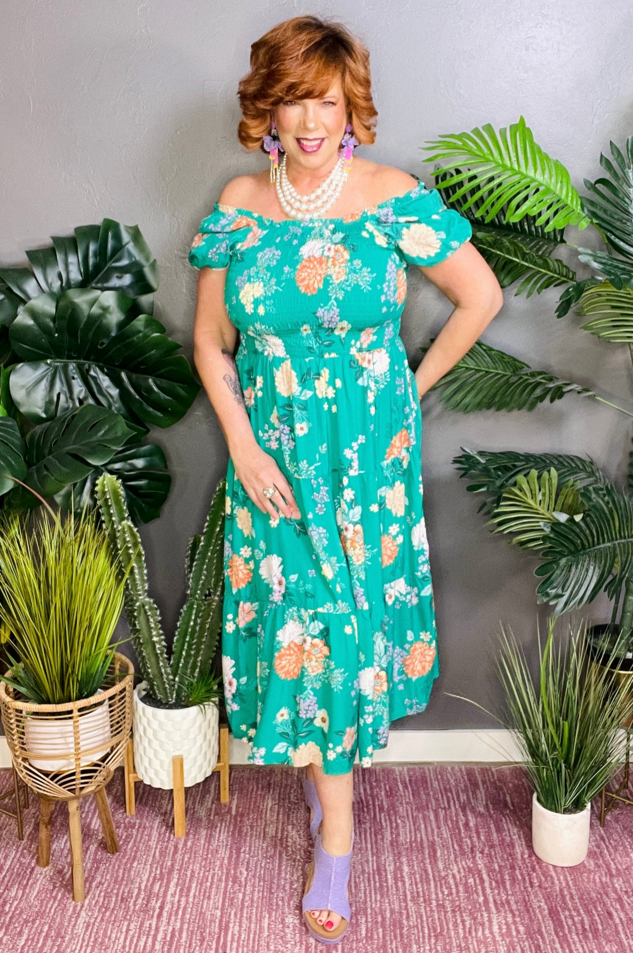 Garden Stroll Floral Print Smocked Tiered Midi Dress - DR160GN