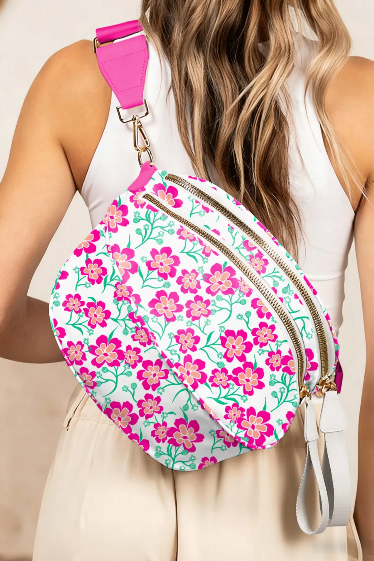White Floral Printed Double Zip Crossbody Bag - BG002WH