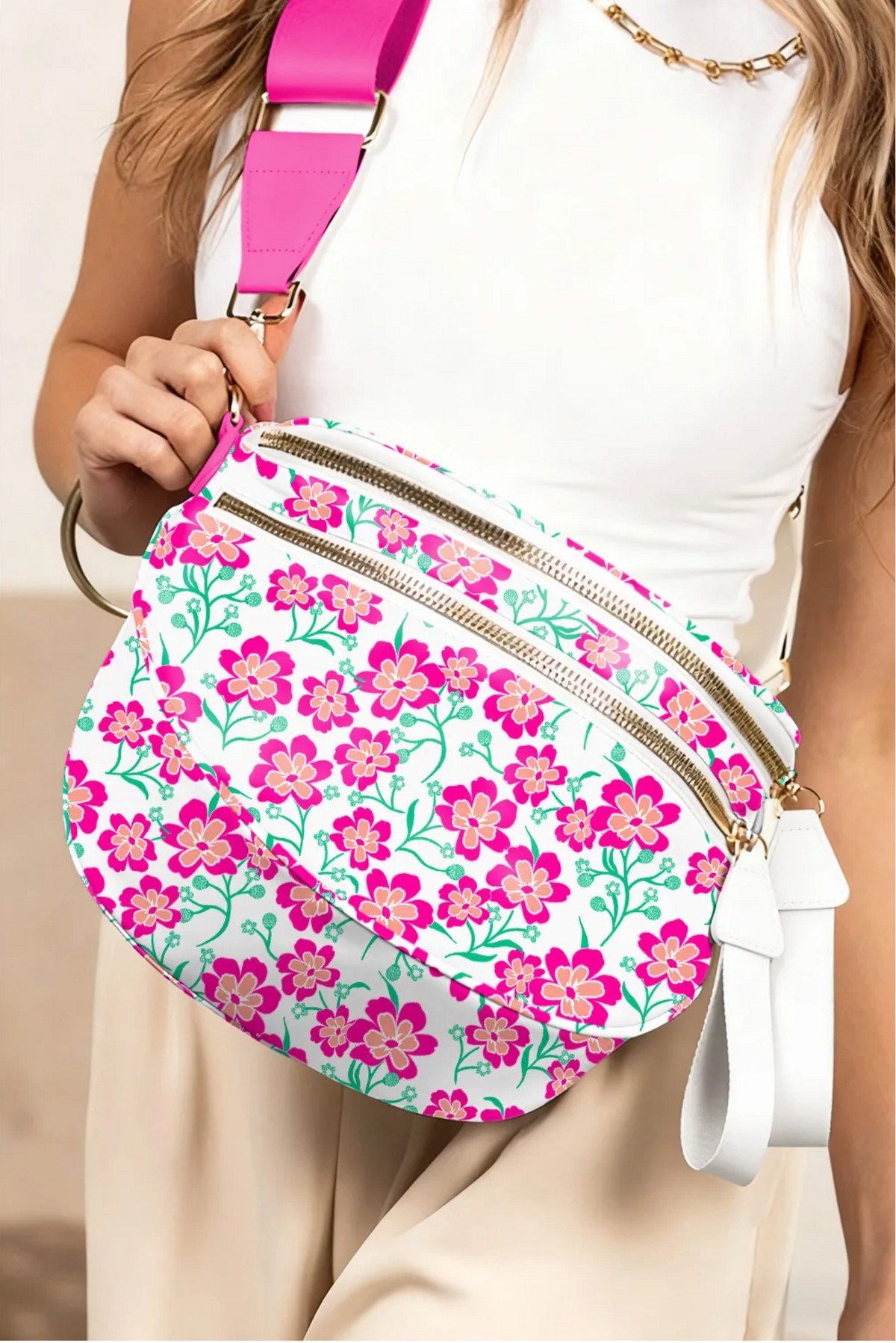 White Floral Printed Double Zip Crossbody Bag - BG002WH