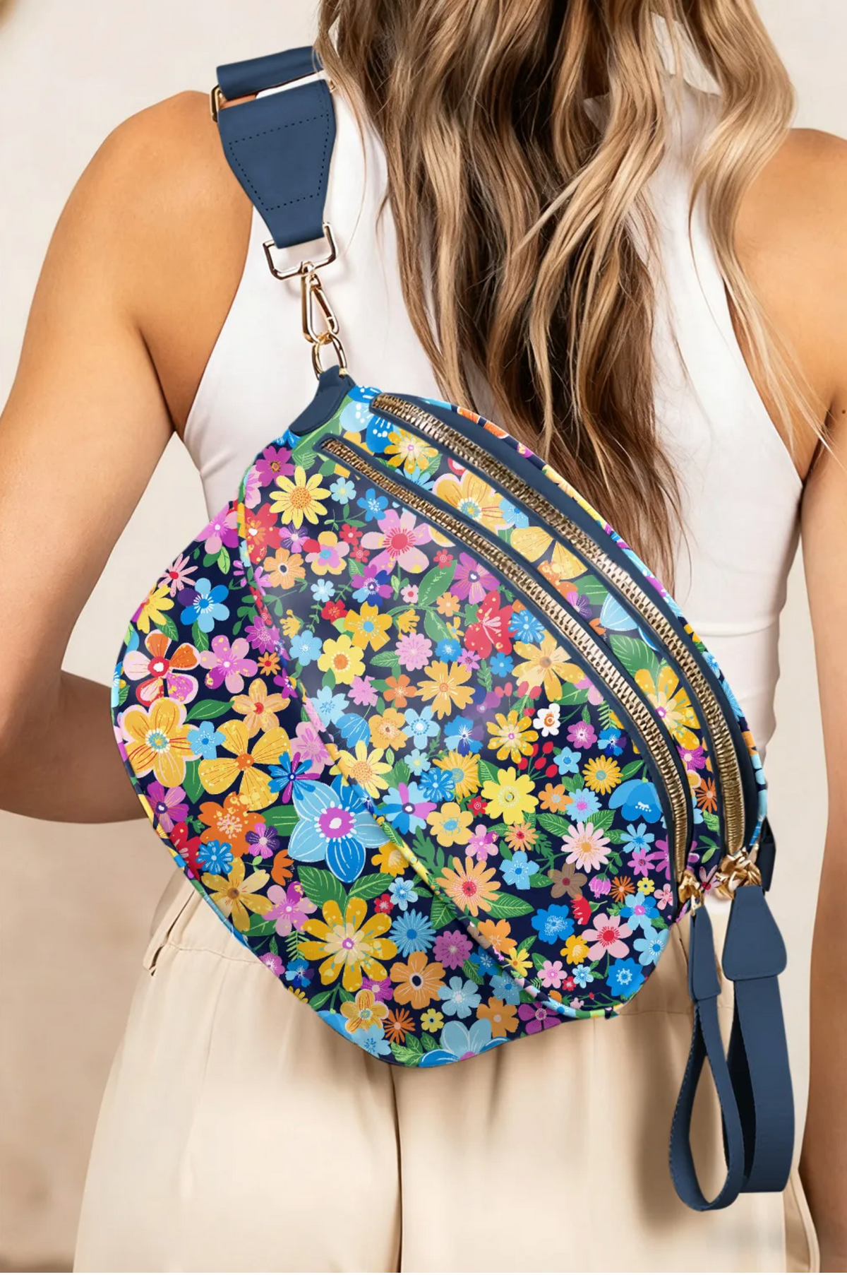 Black Floral Printed Double Zip Crossbody Bag - BG003BK