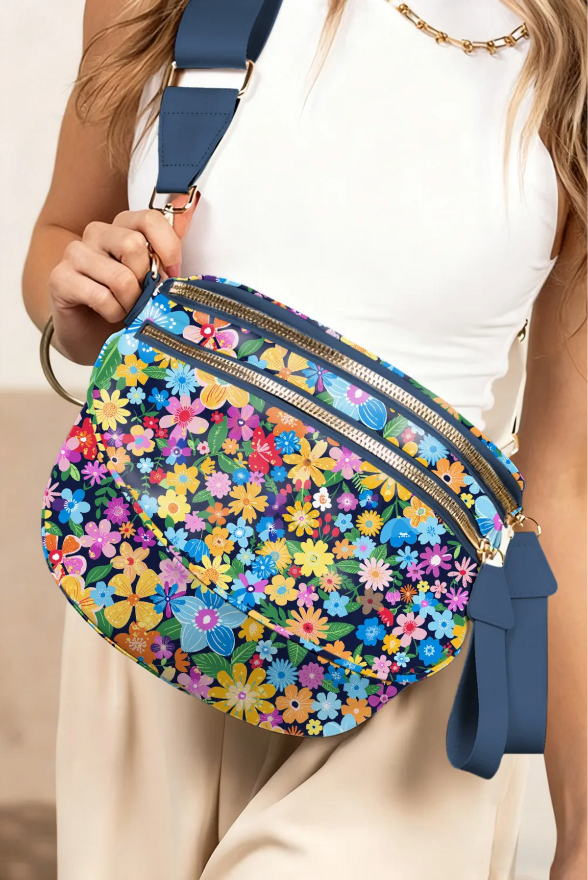 Black Floral Printed Double Zip Crossbody Bag - BG003BK