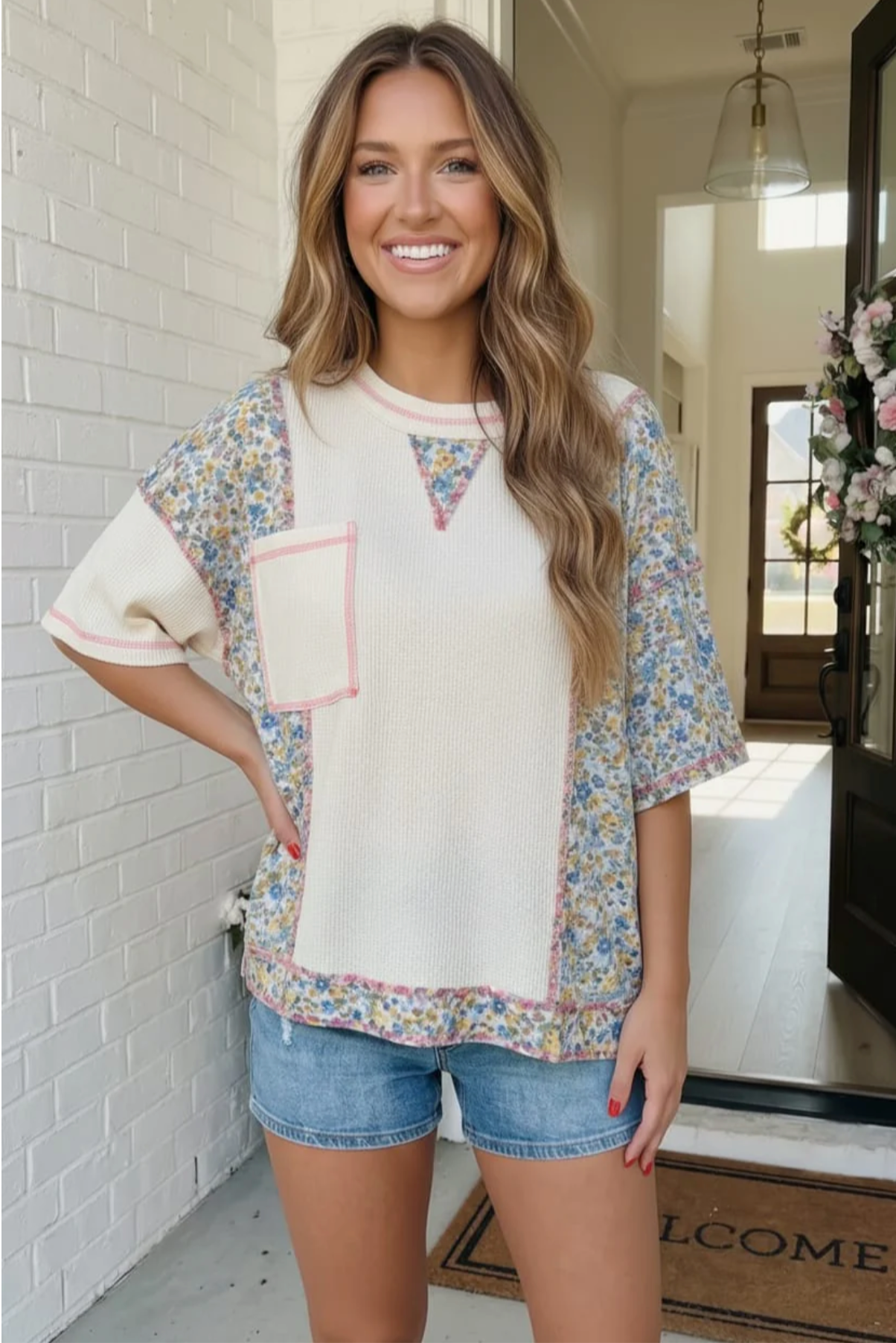 Floral Patchwork Waffle Knit Top