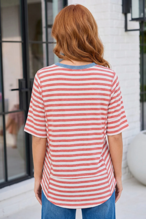 Retro Stripe Oversized Tee with Contrast Ribbed Neck