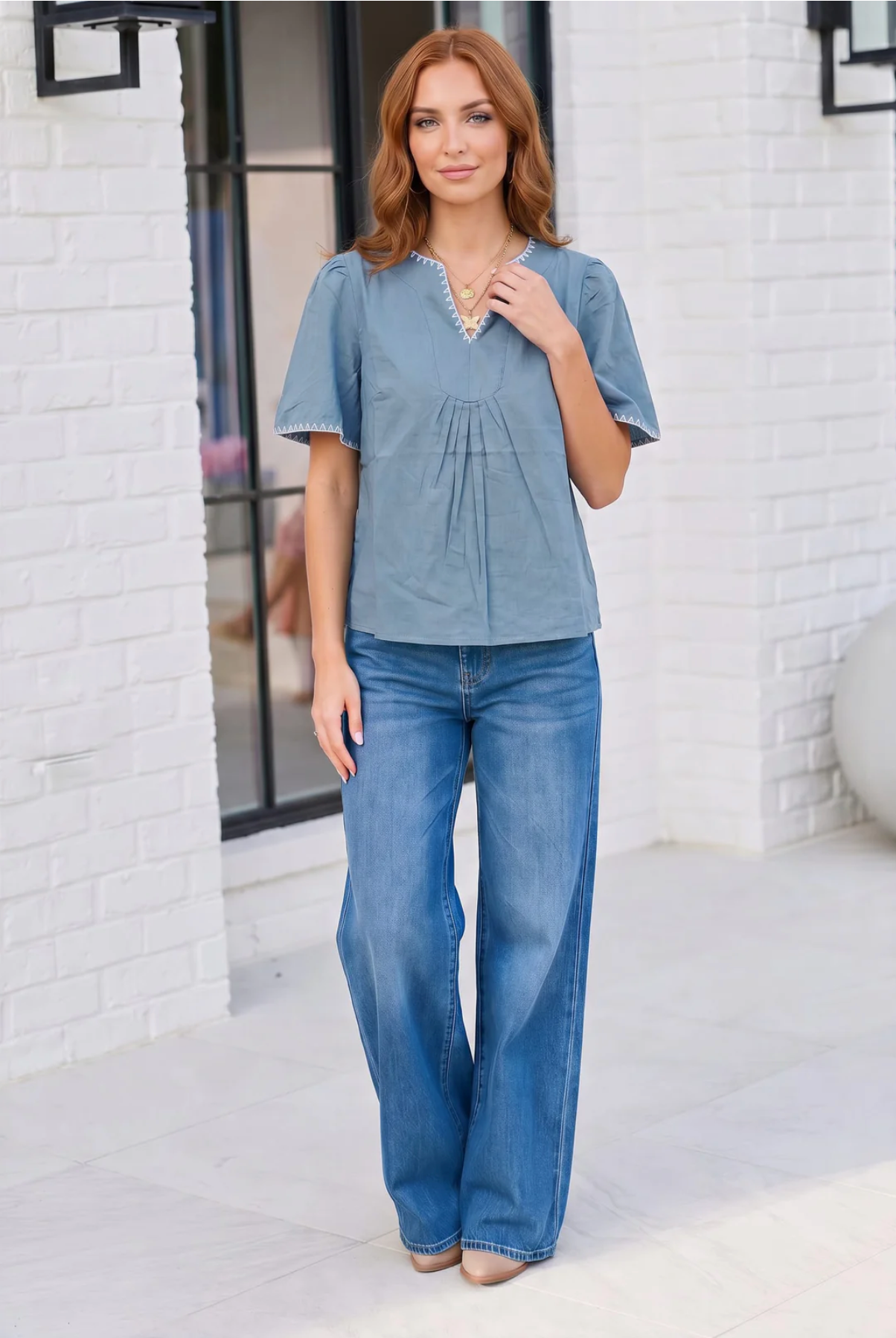 Dusty Blue Dreams Embroidered V-Neck Top