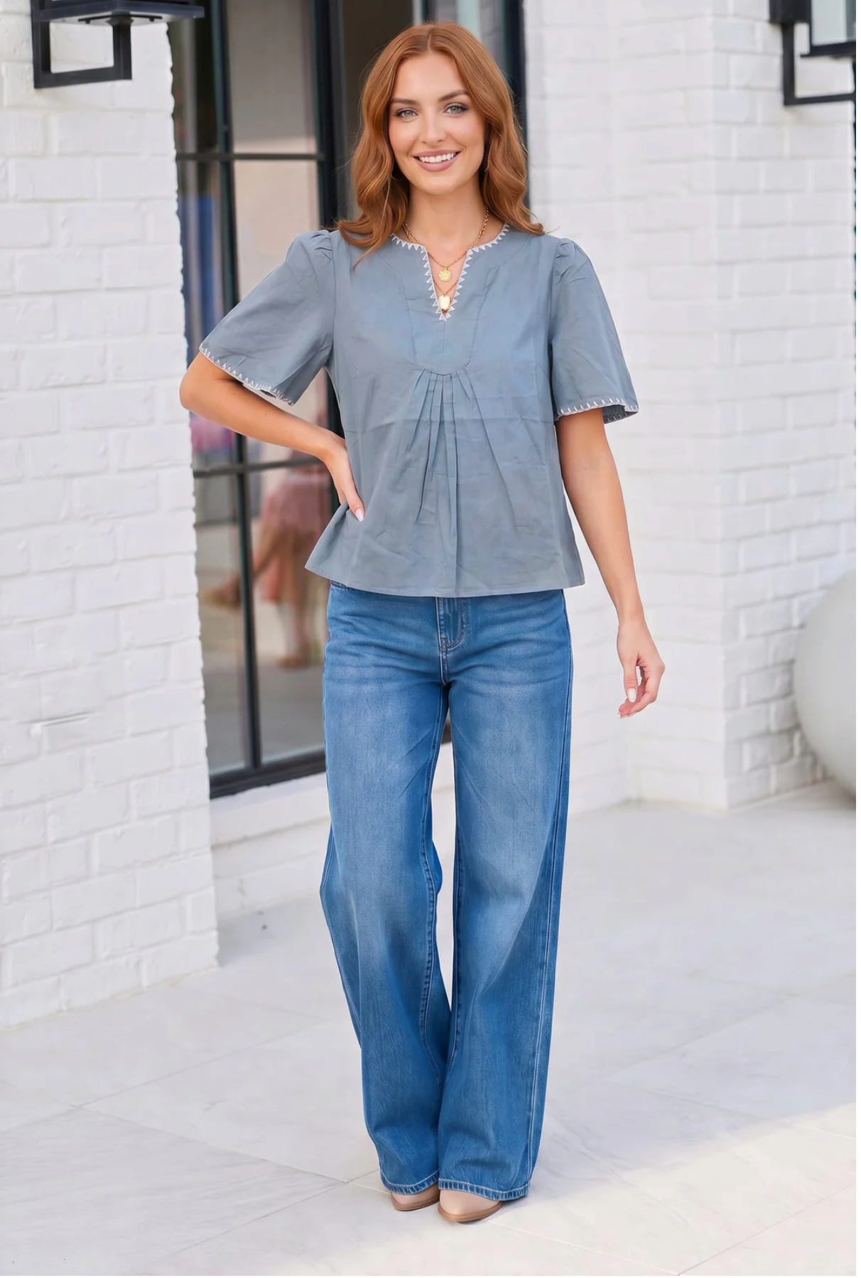 Dusty Blue Dreams Embroidered V-Neck Top