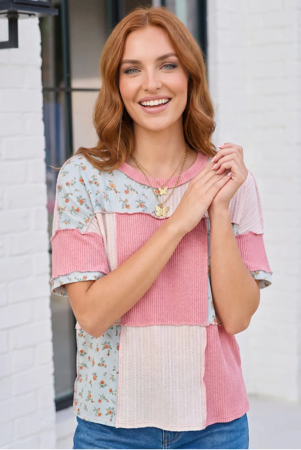 Patchwork Floral Ruffle Top in Pink and Blue