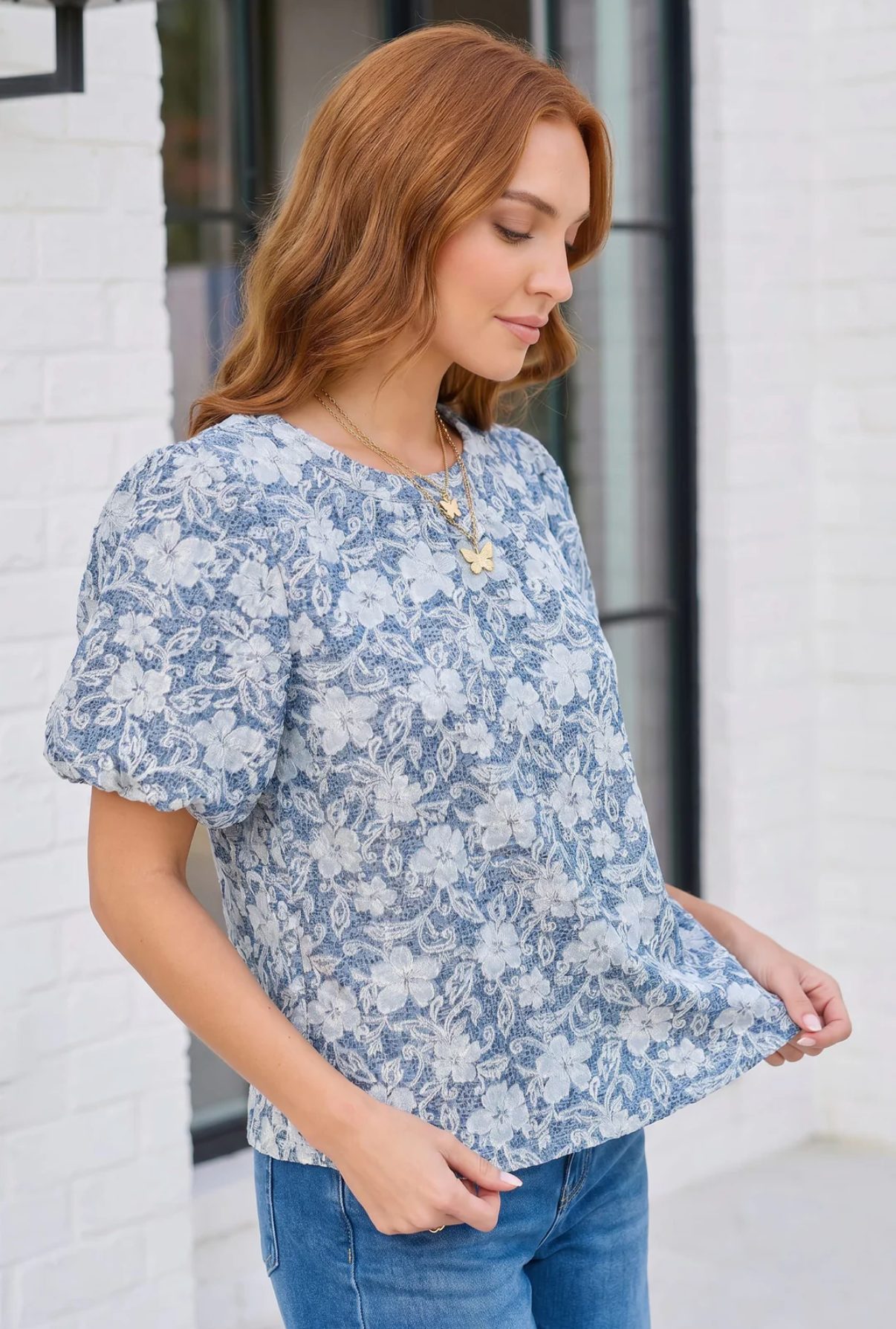 Something Blue Lace Textured Puff Sleeve Top