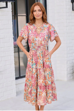 Paint and Sip Floral Tiered Midi Dress