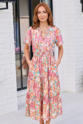 Paint and Sip Floral Tiered Midi Dress