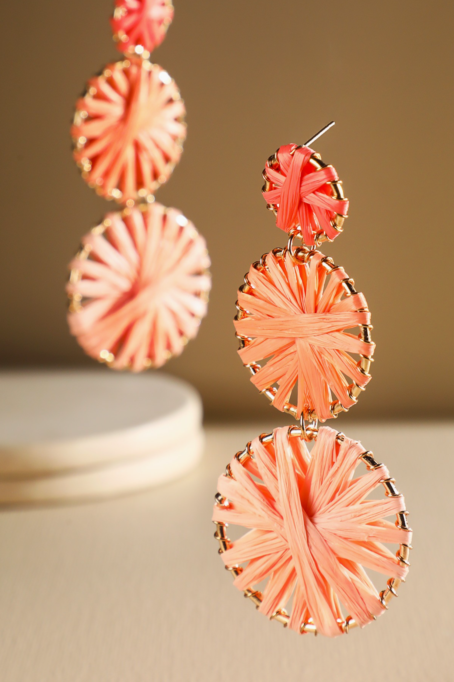 Coral Layered Round Raffia Earrings - E107CO