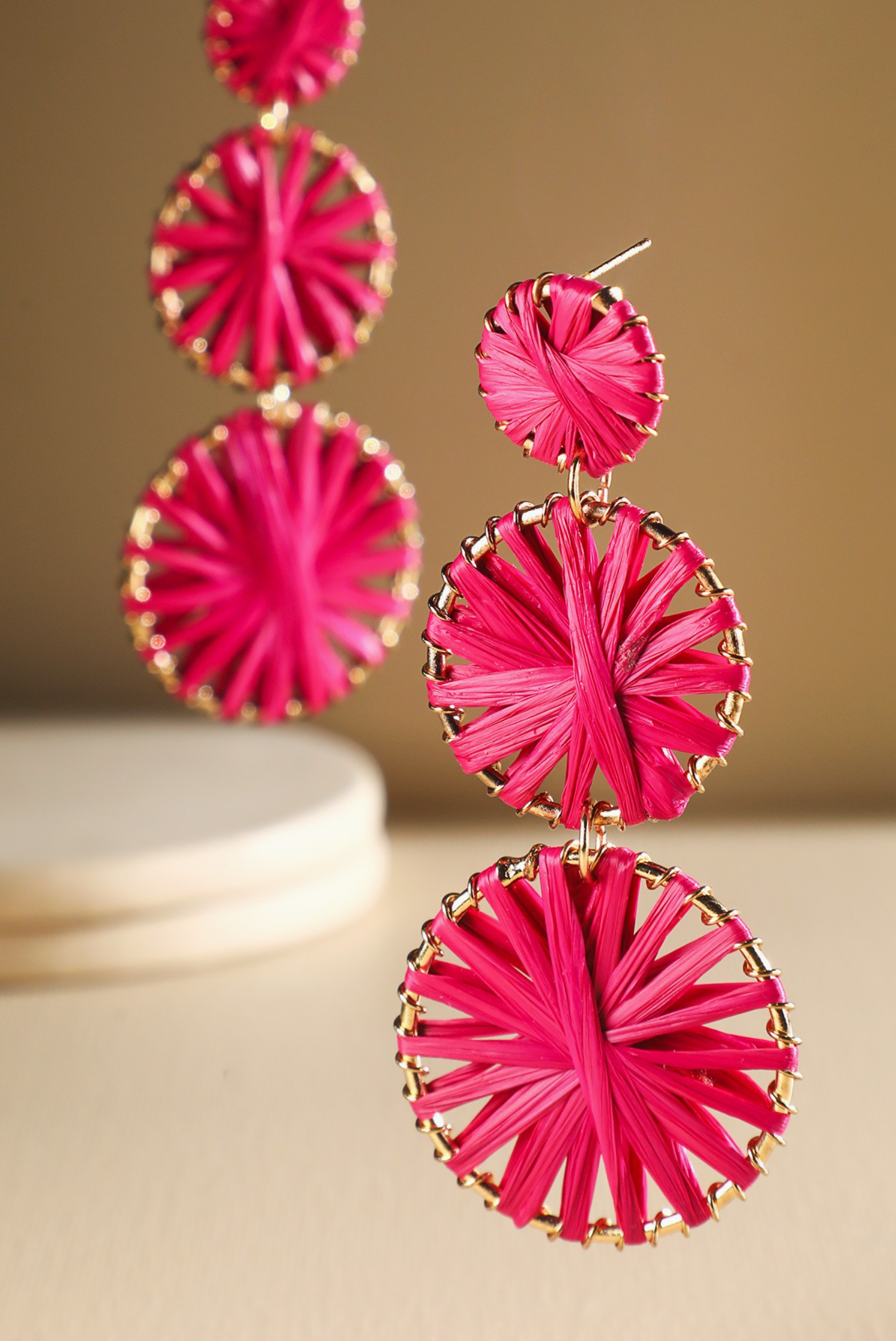 Fuchsia Layered Round Raffia Earrings - E109FU