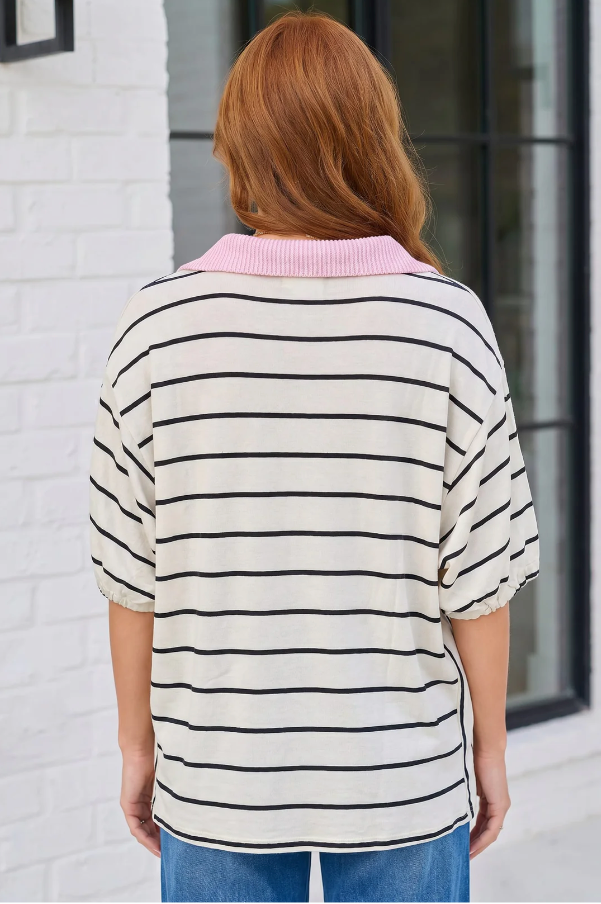 Stripe It Up Polo Tee in Ivory and Pink