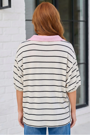 Stripe It Up Polo Tee in Ivory and Pink
