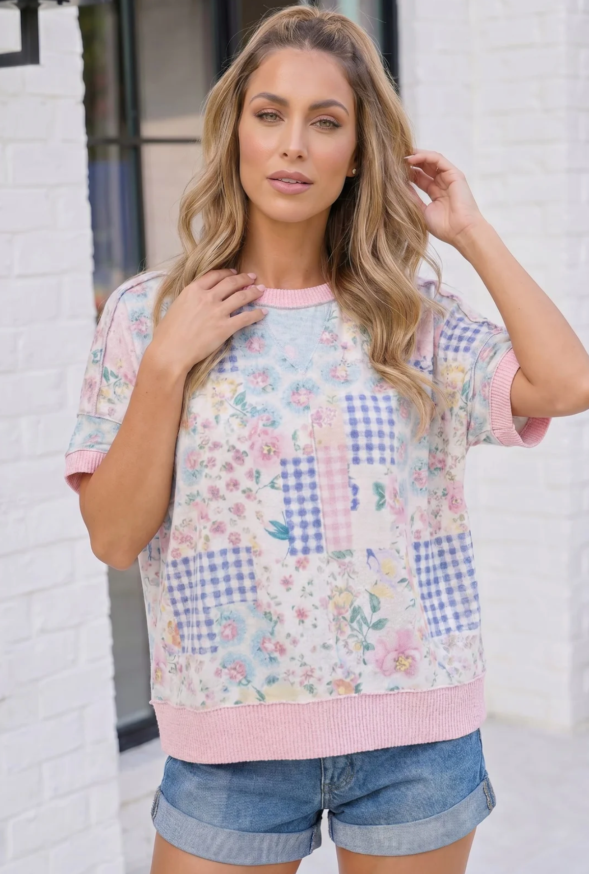 Floral Patchwork Short Sleeve Sweatshirt Top