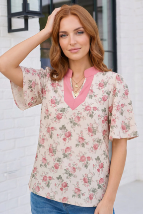 Rosy Garden Flutter Sleeve Blouse