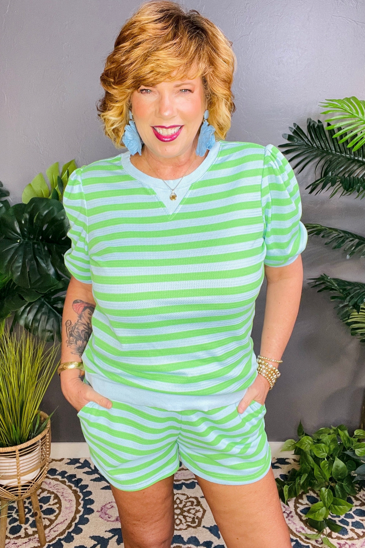 Girl On The Go Green Stripe Top And Shorts Set - SET075GN