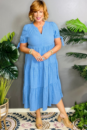 You Have My Attention Blue Gingham Tiered Midi Dress - DR220BL
