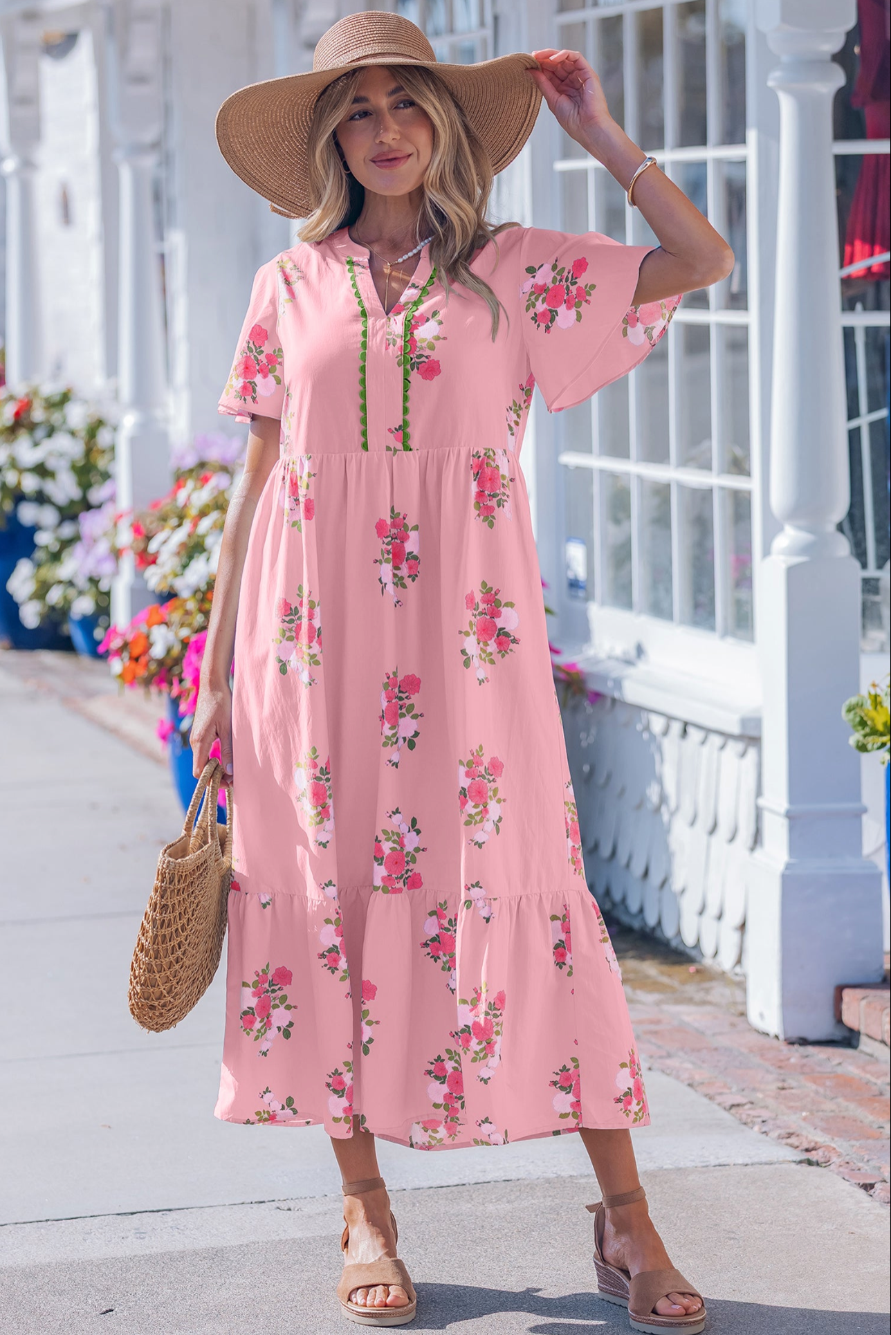 Resort Getaway Pink Floral Print Maxi Dress - DR211PK