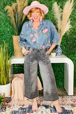 Worth Your While Gray Drawstring Wide Leg Denim Pant - J072GR