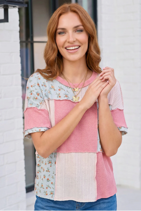 Patchwork Floral Ruffle Top in Pink and Blue - S787MU