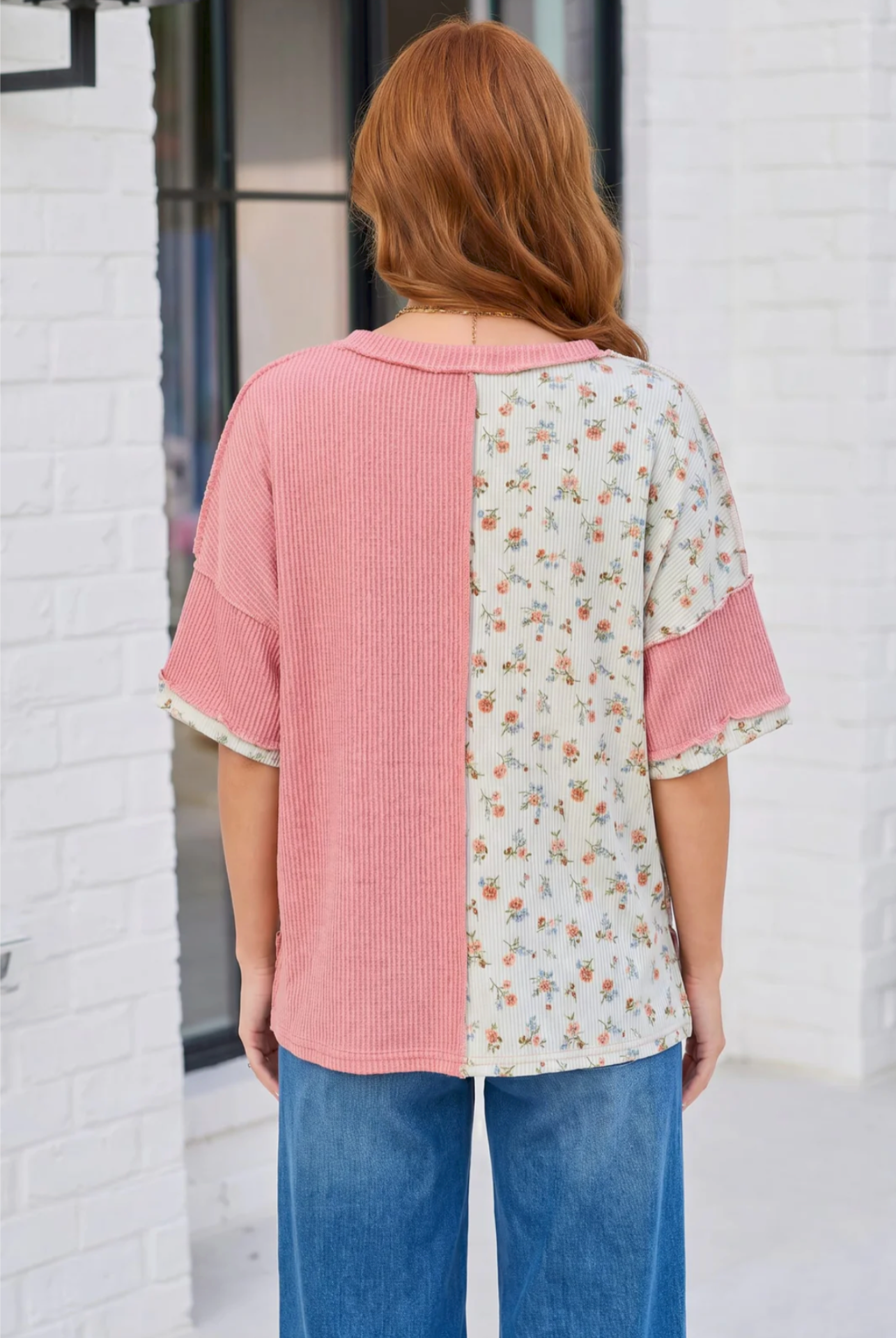 Patchwork Floral Ruffle Top in Pink and Blue - S787MU